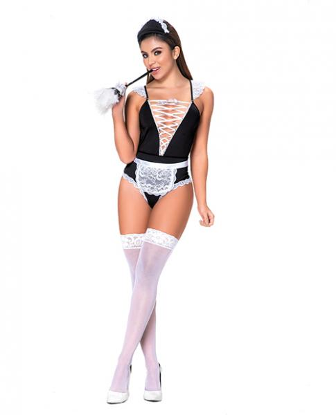 3 Pc French Maid Bodysuit, Apron & Head Piece Black/white S/m